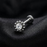 Detail View 1 of Implant Grade Titanium OneFit Threadless Sparkle Floral Bali Beads Top Flat Back Stud Labret-Clear Gem