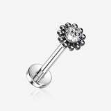 Implant Grade Titanium OneFit Threadless Sparkle Floral Bali Beads Top Flat Back Stud Labret-Clear Gem