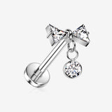 Implant Grade Titanium OneFit Threadless Glam Bow-Tie Sparkle Dangle Top Flat Back Stud Labret-Clear Gem