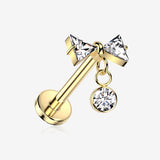 Implant Grade Titanium OneFit Threadless Golden Glam Bow-Tie Sparkle Dangle Top Flat Back Stud Labret-Clear Gem