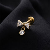 Detail View 1 of Implant Grade Titanium OneFit Threadless Golden Glam Bow-Tie Sparkle Dangle Top Flat Back Stud Labret-Clear Gem