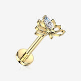 Implant Grade Titanium OneFit Threadless Golden Hollow Lotus Zen Sparkle Top Flat Back Stud Labret-Clear Gem