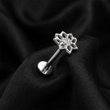Detail View 1 of Implant Grade Titanium OneFit Threadless Hollow Lotus Flower Sparkle Top Flat Back Stud Labret-Clear Gem