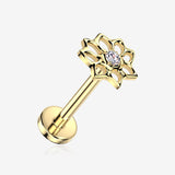 Implant Grade Titanium OneFit Threadless Golden Hollow Lotus Flower Sparkle Top Flat Back Stud Labret-Clear Gem