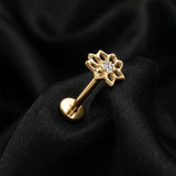 Detail View 1 of Implant Grade Titanium OneFit Threadless Golden Hollow Lotus Flower Sparkle Top Flat Back Stud Labret-Clear Gem