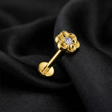 Detail View 1 of Implant Grade Titanium OneFit Threadless Golden Hollow Swirl Flower Sparkle Top Flat Back Stud Labret-Clear Gem