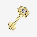 Implant Grade Titanium OneFit Threadless Golden Hollow Swirl Flower Sparkle Top Flat Back Stud Labret-Clear Gem