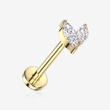 Implant Grade Titanium OneFit Threadless Golden Double Marquise Leaf Sparkle Top Flat Back Stud Labret-Clear Gem