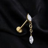 Detail View 1 of Implant Grade Titanium OneFit Threadless Golden Double Marquise Sparkle Dangle Top Flat Back Stud Labret-Clear Gem