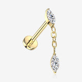 Implant Grade Titanium OneFit Threadless Golden Double Marquise Sparkle Dangle Top Flat Back Stud Labret-Clear Gem