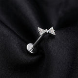 Detail View 1 of Implant Grade Titanium OneFit Threadless Sparkle Bow-Tie Top Flat Back Stud Labret-Clear Gem