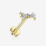 Implant Grade Titanium OneFit Threadless Golden Sparkle Bow-Tie Top Flat Back Stud Labret-Clear Gem
