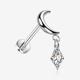 Implant Grade Titanium OneFit Threadless Crescent Moon Diamante Sparkle Dangle Top Flat Back Stud Labret-Clear Gem