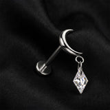 Detail View 1 of Implant Grade Titanium OneFit Threadless Crescent Moon Diamante Sparkle Dangle Top Flat Back Stud Labret-Clear Gem