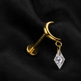 Detail View 1 of Implant Grade Titanium OneFit Threadless Golden Crescent Moon Diamante Sparkle Dangle Top Flat Back Stud Labret-Clear Gem