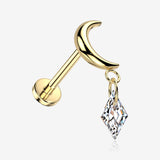 Implant Grade Titanium OneFit Threadless Golden Crescent Moon Diamante Sparkle Dangle Top Flat Back Stud Labret-Clear Gem