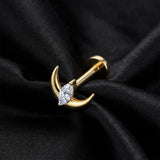 Detail View 1 of Implant Grade Titanium OneFit Threadless Golden Crescent Moon Marquise Sparkle Top Flat Back Stud Labret-Clear Gem