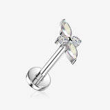 Implant Grade Titanium OneFit Threadless Quadra Floral Marquise Sparkle Top Flat Back Stud Labret-Clear Gem/Aurora Borealis