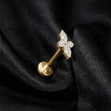 Detail View 1 of Implant Grade Titanium OneFit Threadless Golden Quadra Floral Marquise Sparkle Top Flat Back Stud Labret-Clear Gem