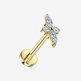 Implant Grade Titanium OneFit Threadless Golden Quadra Floral Marquise Sparkle Top Flat Back Stud Labret-Clear Gem