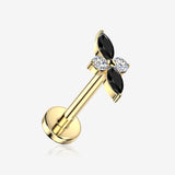 Implant Grade Titanium OneFit Threadless Golden Quadra Floral Marquise Sparkle Top Flat Back Stud Labret-Clear Gem/Black