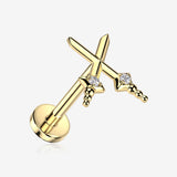 Implant Grade Titanium OneFit Threadless Golden Dagger Cross Sparkle Top Flat Back Stud Labret-Clear Gem