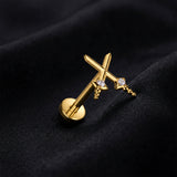 Detail View 1 of Implant Grade Titanium OneFit Threadless Golden Dagger Cross Sparkle Top Flat Back Stud Labret-Clear Gem