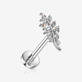 Implant Grade Titanium OneFit Threadless Olive Vine Leaf Sparkle Top Flat Back Stud Labret-Clear Gem