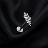 Detail View 1 of Implant Grade Titanium OneFit Threadless Olive Vine Leaf Sparkle Top Flat Back Stud Labret-Clear Gem