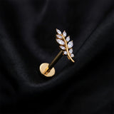 Detail View 1 of Implant Grade Titanium OneFit Threadless Golden Olive Vine Leaf Sparkle Top Flat Back Stud Labret-Clear Gem