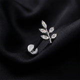 Detail View 1 of Implant Grade Titanium OneFit Threadless Autumn Marquise Leaf Sparkle Top Flat Back Stud Labret-Clear Gem