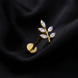 Detail View 1 of Implant Grade Titanium OneFit Threadless Golden Autumn Marquise Leaf Sparkle Top Flat Back Stud Labret-Clear Gem