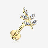 Implant Grade Titanium OneFit Threadless Golden Autumn Marquise Leaf Sparkle Top Flat Back Stud Labret-Clear Gem