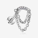 Implant Grade Titanium OneFit Threadless Double Chained Sparkle Curve Bar Flat Back Labret-Clear Gem