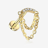 Implant Grade Titanium OneFit Threadless Golden Double Chained Sparkle Curve Bar Flat Back Labret-Clear Gem