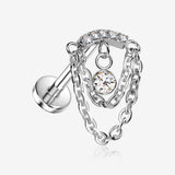 Implant Grade Titanium OneFit Threadless Double Chained Sparkle Curve Bar Dangle Flat Back Labret-Clear Gem