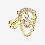 Implant Grade Titanium OneFit Threadless Golden Double Chained Sparkle Curve Bar Dangle Flat Back Labret-Clear Gem