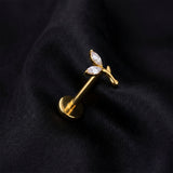 Detail View 1 of Implant Grade Titanium OneFit Threadless Golden Sprout Sparkle Top Flat Back Stud Labret-Clear Gem