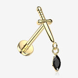 Implant Grade Titanium OneFit Threadless Golden Dagger Marquise Sparkle Dangle Top Flat Back Stud Labret-Black