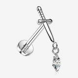 Implant Grade Titanium OneFit Threadless Dagger Marquise Sparkle Dangle Top Flat Back Stud Labret-Clear Gem