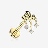 Implant Grade Titanium OneFit Threadless Golden Cloud with Raindrop Sparkle Dangle Flat Back Stud Labret-Clear Gem