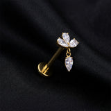 Detail View 1 of Implant Grade Titanium OneFit Threadless Golden Divine Flower Sparkle Dangle Flat Back Stud Labret-Clear Gem