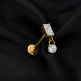 Detail View 1 of Implant Grade Titanium OneFit Threadless Golden Prong Set Rectangle Gem Dangle Flat Back Stud Labret-Clear Gem