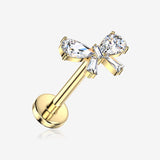 Implant Grade Titanium OneFit Threadless Golden Brilliant Sparkle Bow-Tie Flat Back Stud Labret-Clear Gem