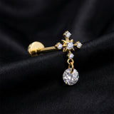 Detail View 1 of Implant Grade Titanium OneFit Threadless Golden Orbital Cross Sparkle Dangle Flat Back Stud Labret-Clear Gem