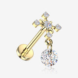 Implant Grade Titanium OneFit Threadless Golden Orbital Cross Sparkle Dangle Flat Back Stud Labret-Clear Gem