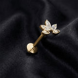 Detail View 1 of Implant Grade Titanium OneFit Threadless Golden Blossom Sparkle Floral Arch Flat Back Stud Labret-Clear Gem