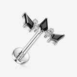 Implant Grade Titanium OneFit Threadless Triple Thorned Crown Sparkle Flat Back Stud Labret-Clear Gem/Black