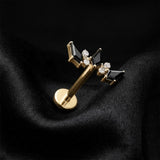 Detail View 1 of Implant Grade Titanium OneFit Threadless Golden Triple Thorned Crown Sparkle Flat Back Stud Labret-Clear Gem/Black