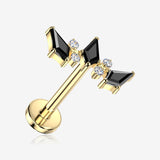 Implant Grade Titanium OneFit Threadless Golden Triple Thorned Crown Sparkle Flat Back Stud Labret-Clear Gem/Black